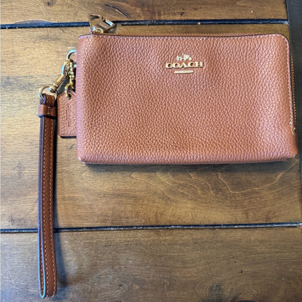 Coach Tan Leather Double Zip Wristlet